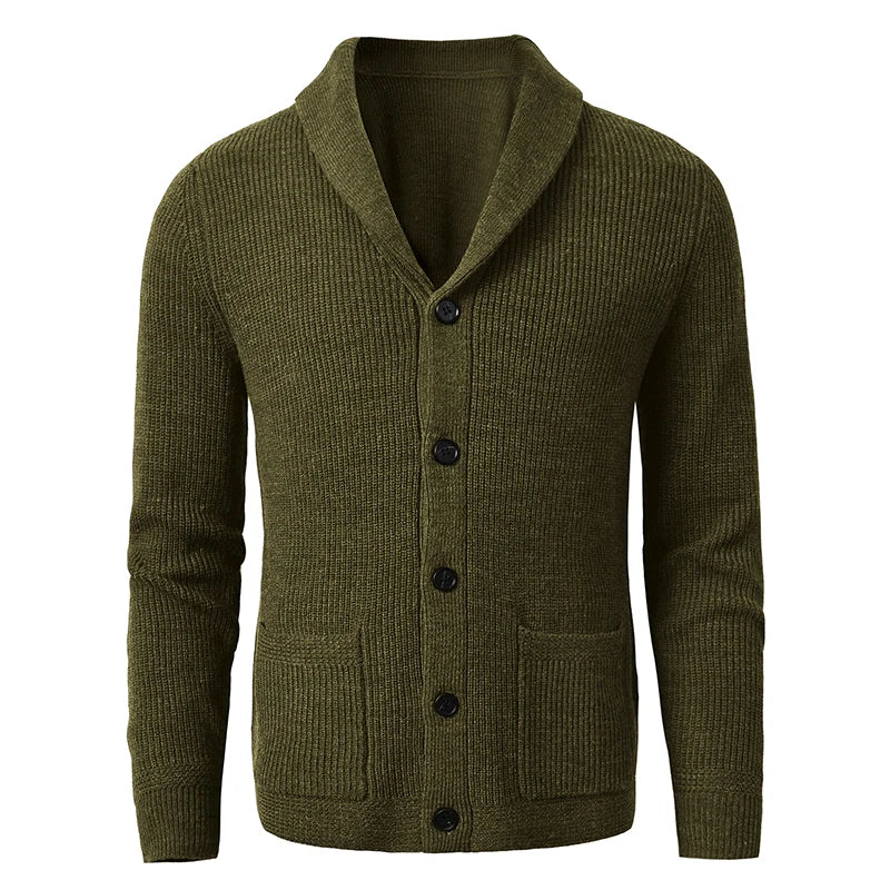 Men's Shawl Collar Cardigan - Slim Fit Cable Knit Black Merino Wool Button-Up