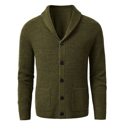 Men's Shawl Collar Cardigan - Slim Fit Cable Knit Black Merino Wool Button-Up