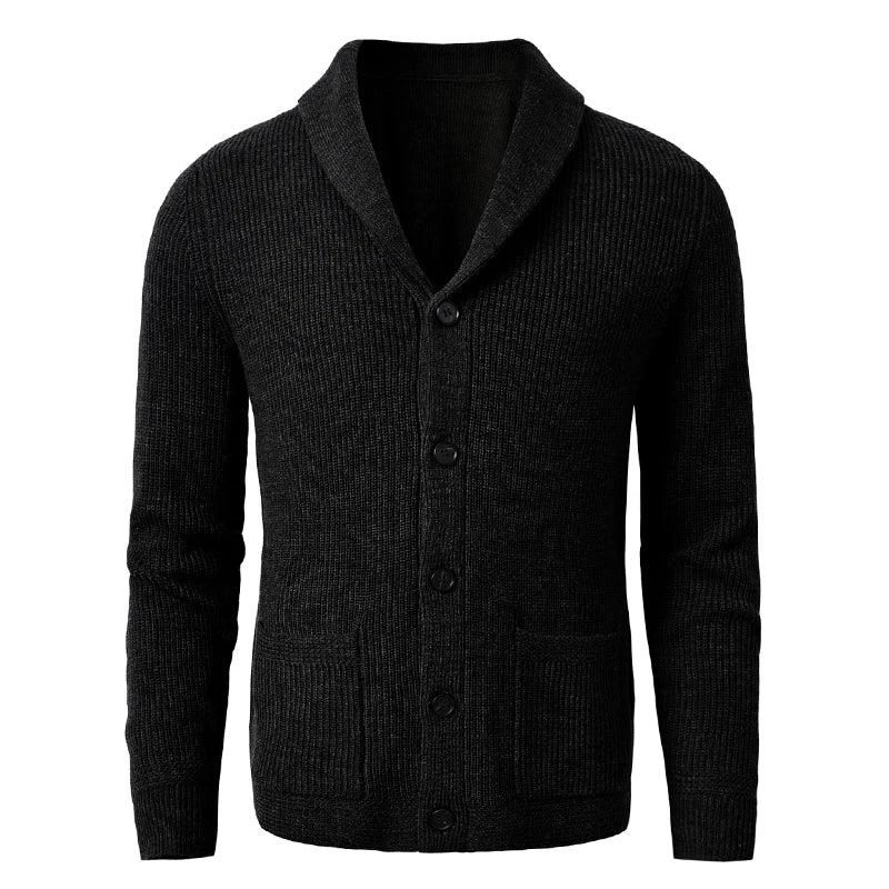 Men's Shawl Collar Cardigan - Slim Fit Cable Knit Black Merino Wool Button-Up
