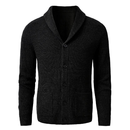 Men's Shawl Collar Cardigan - Slim Fit Cable Knit Black Merino Wool Button-Up