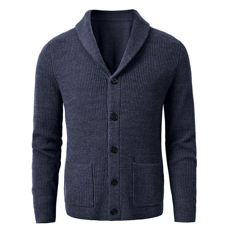 Men's Shawl Collar Cardigan - Slim Fit Cable Knit Black Merino Wool Button-Up