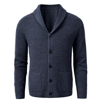 Men's Shawl Collar Cardigan - Slim Fit Cable Knit Black Merino Wool Button-Up