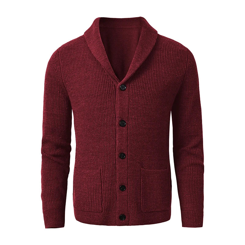 Men's Shawl Collar Cardigan - Slim Fit Cable Knit Black Merino Wool Button-Up