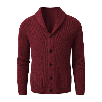 Men's Shawl Collar Cardigan - Slim Fit Cable Knit Black Merino Wool Button-Up