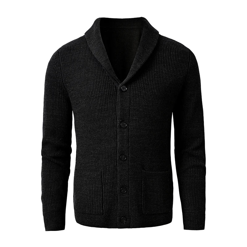 Men's Shawl Collar Cardigan - Slim Fit Cable Knit Black Merino Wool Button-Up