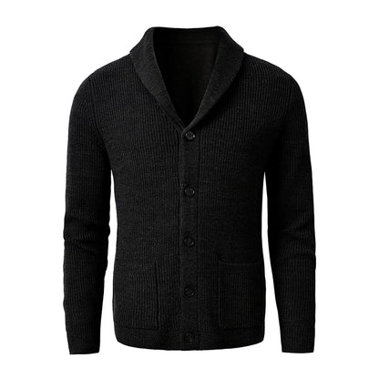 Men's Shawl Collar Cardigan - Slim Fit Cable Knit Black Merino Wool Button-Up