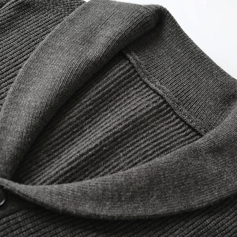 Men's Shawl Collar Cardigan - Slim Fit Cable Knit Black Merino Wool Button-Up