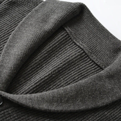Men's Shawl Collar Cardigan - Slim Fit Cable Knit Black Merino Wool Button-Up