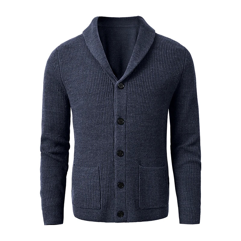 Men's Shawl Collar Cardigan - Slim Fit Cable Knit Black Merino Wool Button-Up