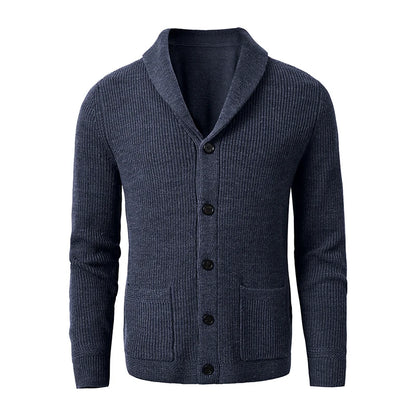Men's Shawl Collar Cardigan - Slim Fit Cable Knit Black Merino Wool Button-Up