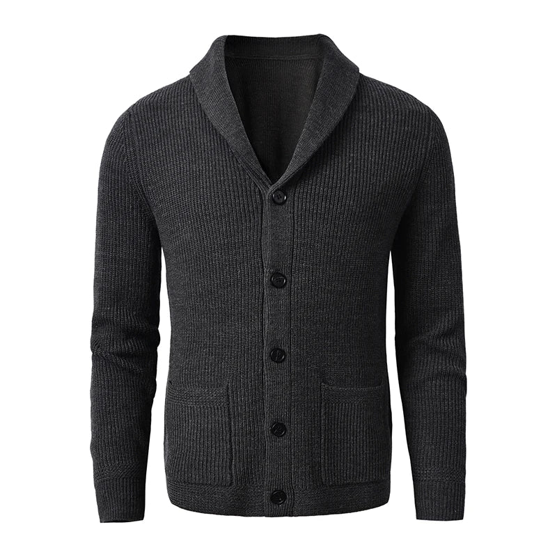 Men's Shawl Collar Cardigan - Slim Fit Cable Knit Black Merino Wool Button-Up