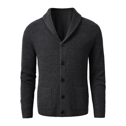 Men's Shawl Collar Cardigan - Slim Fit Cable Knit Black Merino Wool Button-Up
