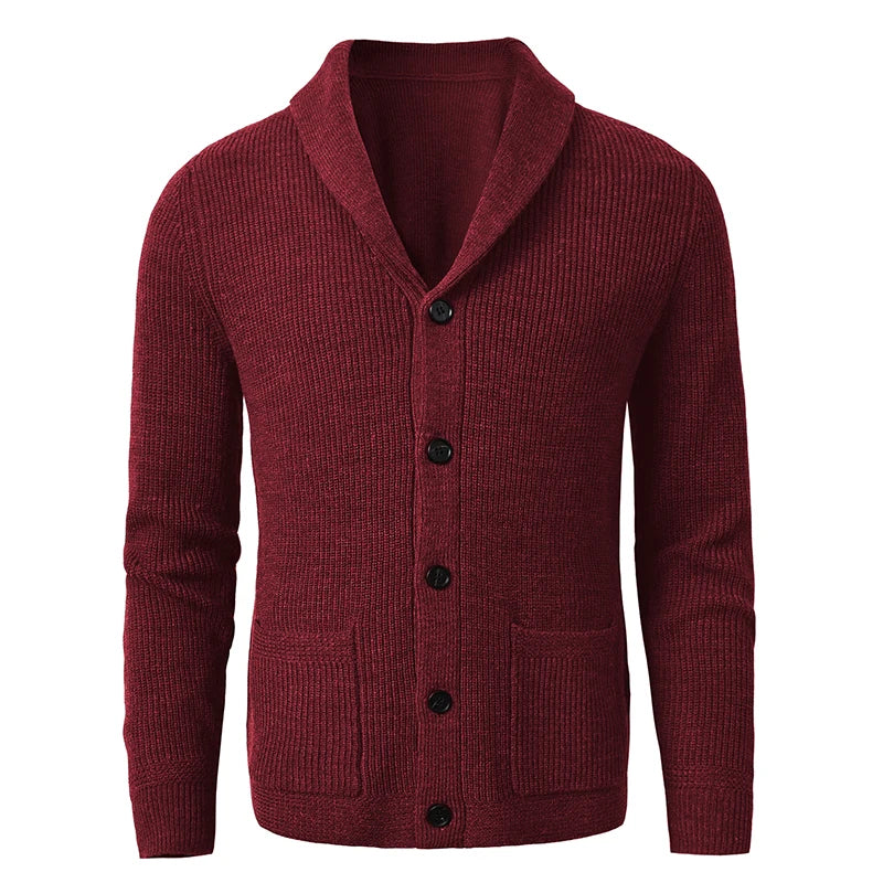 Men's Shawl Collar Cardigan - Slim Fit Cable Knit Black Merino Wool Button-Up
