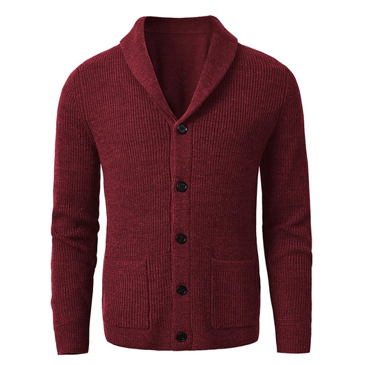 Men's Shawl Collar Cardigan - Slim Fit Cable Knit Black Merino Wool Button-Up