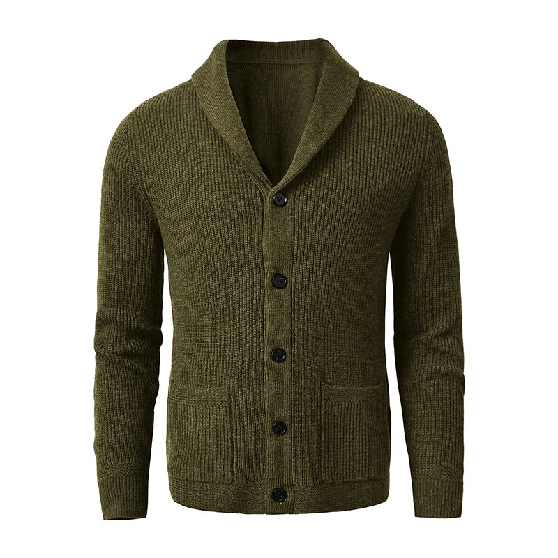 Men's Shawl Collar Cardigan - Slim Fit Cable Knit Black Merino Wool Button-Up