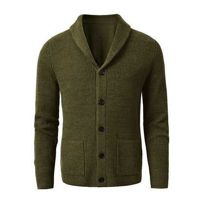 Men's Shawl Collar Cardigan - Slim Fit Cable Knit Black Merino Wool Button-Up