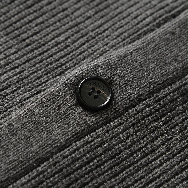 Men's Shawl Collar Cardigan - Slim Fit Cable Knit Black Merino Wool Button-Up