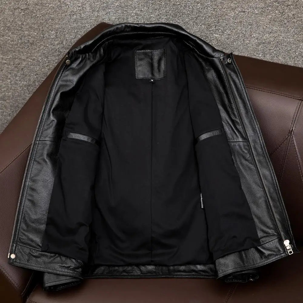 Men's faux leather coat with turn-down collar