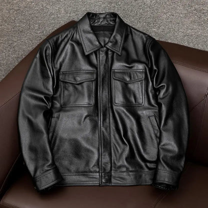 Men's faux leather coat with turn-down collar