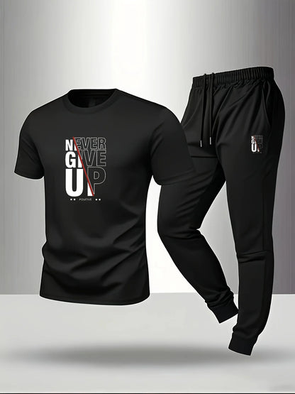 Men's Casual Sports Outfit Set - T-Shirt and Pants Trendy Sleepwear