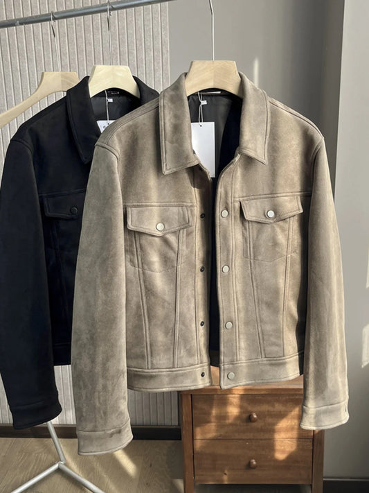 Men's Retro Suede Jacket - Casual Windproof Stand Collar Coat