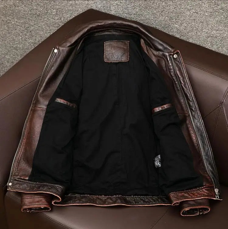 Men's faux leather coat with turn-down collar