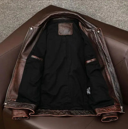 Men's faux leather coat with turn-down collar