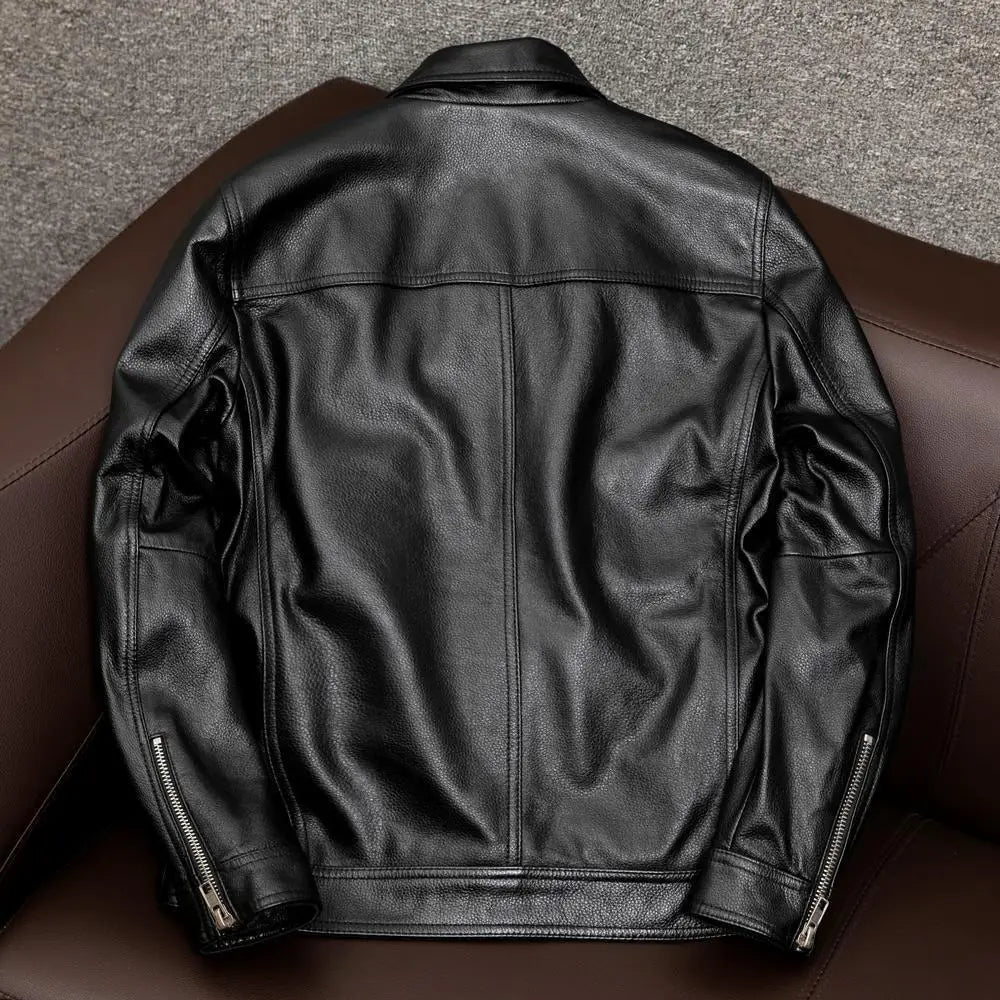 Men's faux leather coat with turn-down collar