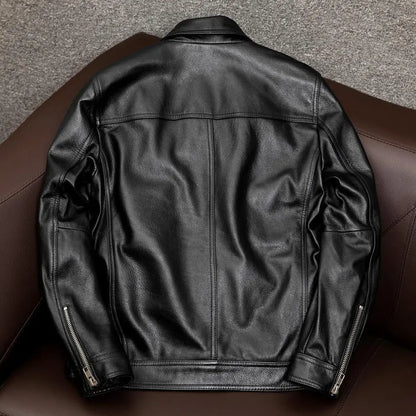 Men's faux leather coat with turn-down collar
