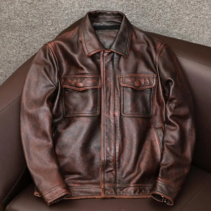 Men's faux leather coat with turn-down collar