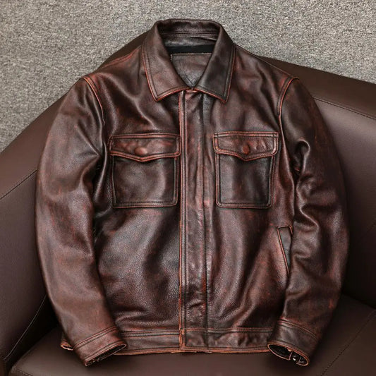 Men's faux leather coat with turn-down collar