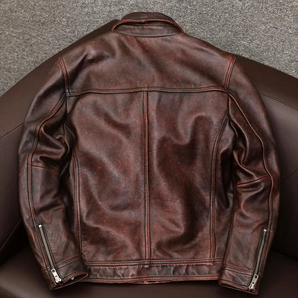 Men's faux leather coat with turn-down collar